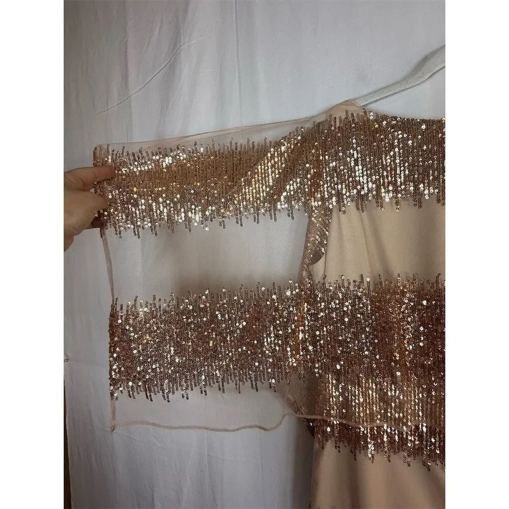 Belle Badgley Mischka Dress Womens 6 Beige Sequin Stripe Sheer Cape Cocktail - Picture 7 of 16